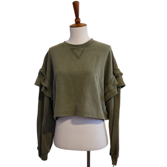 7 For All Mankind Green Cropped Ruffle Sweater Y2K Grunge Streetwear Medium NWT - Picture 2 of 8